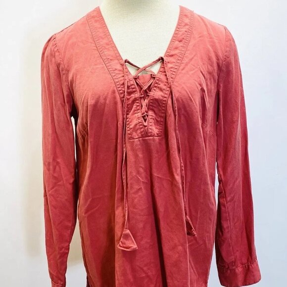 J. JILL Women Long Sleeve V-Neck Pullover Asymmetrical Hem Coral Shirt Sz Small - Picture 1 of 11